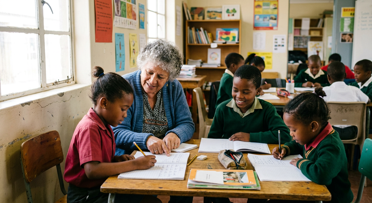 A volunteer tutor helping children with homework