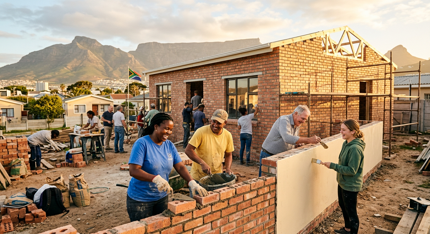 Volunteers laying bricks together to rebuild a community centre in Cape Town