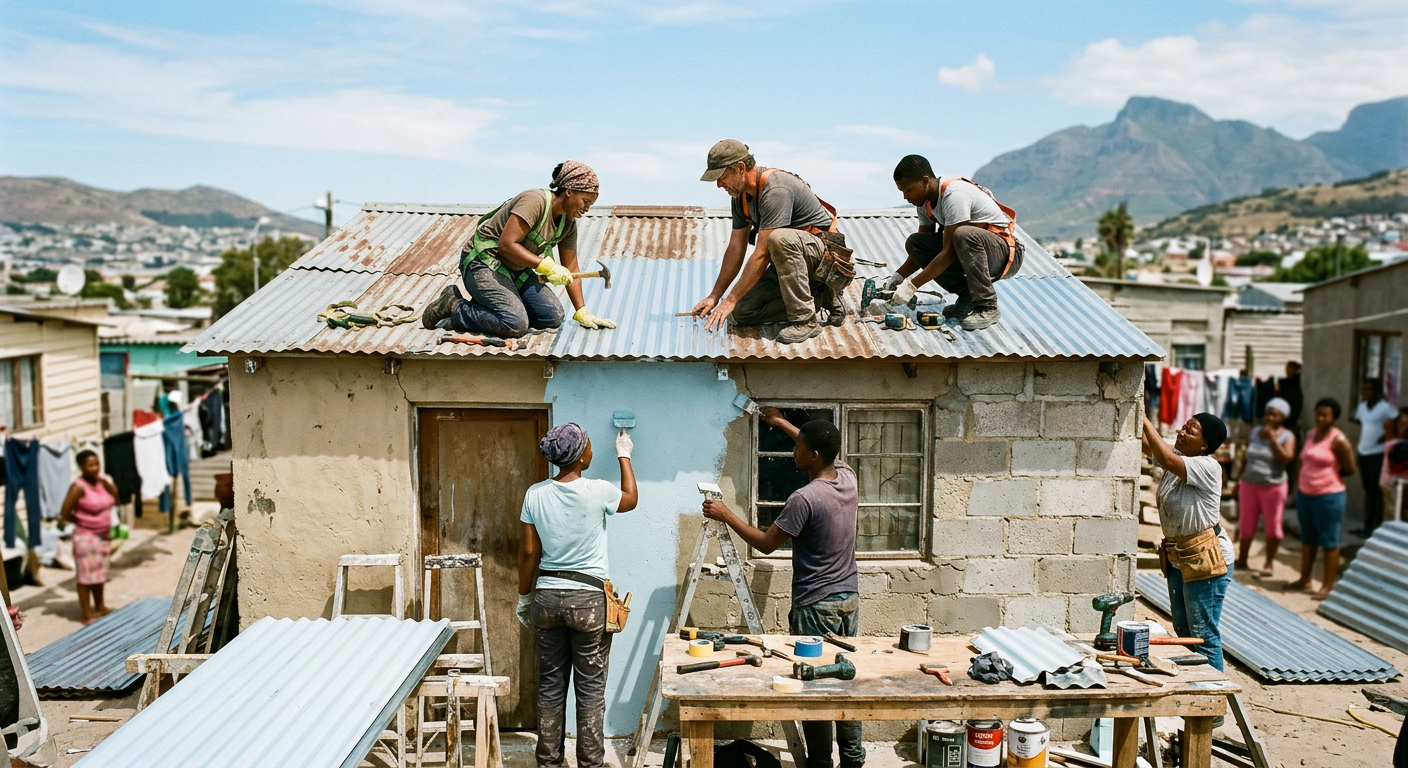 Volunteers repairing the roof of a family home